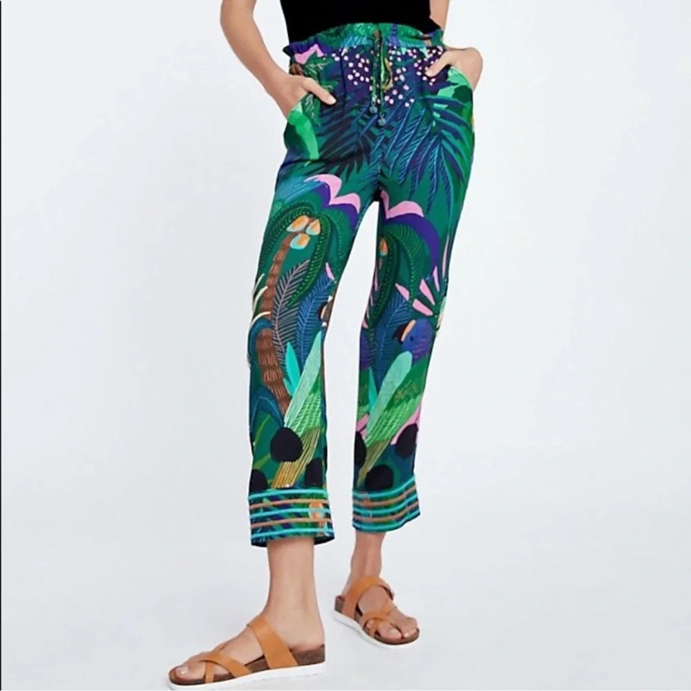 Farm Rio Anthropologie Tropique Tropical Bird Printed Elastic Waist Pants - Picture 1 of 14